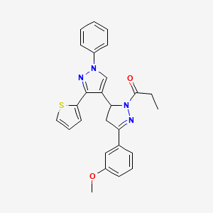 molecular formula C26H24N4O2S B2626358 1-(5-(3-methoxyphenyl)-1'-phenyl-3'-(thiophen-2-yl)-3,4-dihydro-1'H,2H-[3,4'-bipyrazol]-2-yl)propan-1-one CAS No. 876941-34-3