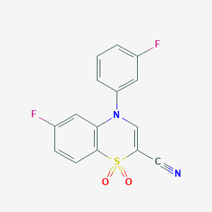 molecular formula C15H8F2N2O2S B2626394 6-氟-4-(3-氟苯基)-4H-苯并[b][1,4]噻嗪-2-碳腈 1,1-二氧化物 CAS No. 1207056-52-7
