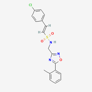 molecular formula C18H16ClN3O3S B2626423 (E)-2-(4-Chlorophenyl)-N-[[5-(2-methylphenyl)-1,2,4-oxadiazol-3-yl]methyl]ethenesulfonamide CAS No. 1798408-32-8