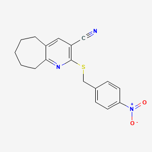 molecular formula C18H17N3O2S B2626448 2-[(4-硝基苯基)甲硫基]-6,7,8,9-四氢-5H-环庚[b]吡啶-3-腈 CAS No. 361984-48-7