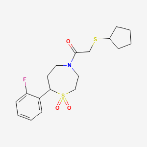 molecular formula C18H24FNO3S2 B2626454 2-(环戊基硫代)-1-(7-(2-氟苯基)-1,1-二氧化-1,4-噻氮杂环-4-基)乙酮 CAS No. 2034383-36-1