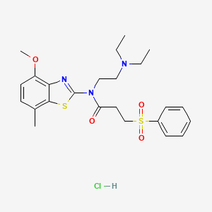 molecular formula C24H32ClN3O4S2 B2626467 3-(BENZENESULFONYL)-N-[2-(DIETHYLAMINO)ETHYL]-N-(4-METHOXY-7-METHYL-1,3-BENZOTHIAZOL-2-YL)PROPANAMIDE HYDROCHLORIDE CAS No. 1216438-23-1