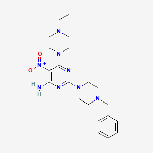 molecular formula C21H30N8O2 B2626506 2-(4-Benzylpiperazin-1-yl)-6-(4-ethylpiperazin-1-yl)-5-nitropyrimidin-4-amine CAS No. 587000-88-2