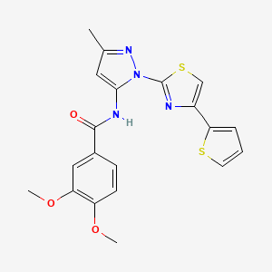 molecular formula C20H18N4O3S2 B2626518 3,4-dimethoxy-N-(3-methyl-1-(4-(thiophen-2-yl)thiazol-2-yl)-1H-pyrazol-5-yl)benzamide CAS No. 1169967-08-1