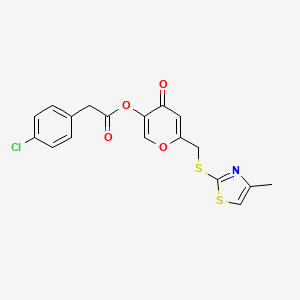 molecular formula C18H14ClNO4S2 B2626598 6-(((4-甲基噻唑-2-基)硫代)甲基)-4-氧代-4H-吡喃-3-基 2-(4-氯苯基)乙酸酯 CAS No. 896306-27-7