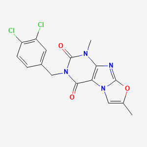 molecular formula C16H12Cl2N4O3 B2626619 2-[(3,4-Dichlorophenyl)methyl]-4,7-dimethylpurino[8,7-b][1,3]oxazole-1,3-dione CAS No. 904502-81-4