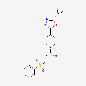 molecular formula C19H23N3O4S B2626631 1-(4-(5-Cyclopropyl-1,3,4-oxadiazol-2-yl)piperidin-1-yl)-3-(phenylsulfonyl)propan-1-one CAS No. 1211362-50-3