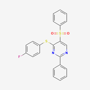 molecular formula C22H15FN2O2S2 B2626636 4-[(4-Fluorophenyl)sulfanyl]-2-phenyl-5-pyrimidinyl phenyl sulfone CAS No. 478081-01-5