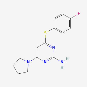 molecular formula C14H15FN4S B2626645 4-[(4-氟苯基)硫代]-6-(1-吡咯烷基)-2-嘧啶胺 CAS No. 339017-85-5