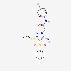 molecular formula C20H21BrN4O3S2 B2626744 2-(5-氨基-3-(乙硫基)-4-甲苯磺酰基-1H-吡唑-1-基)-N-(4-溴苯基)乙酰胺 CAS No. 1019099-77-4