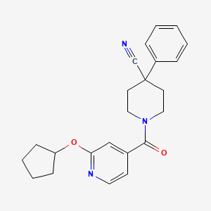 molecular formula C23H25N3O2 B2626796 1-(2-(Cyclopentyloxy)isonicotinoyl)-4-phenylpiperidine-4-carbonitrile CAS No. 2034299-22-2