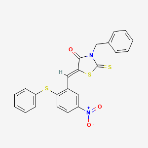molecular formula C23H16N2O3S3 B2626846 (5Z)-3-benzyl-5-[(5-nitro-2-phenylsulfanylphenyl)methylidene]-2-sulfanylidene-1,3-thiazolidin-4-one CAS No. 329079-67-6