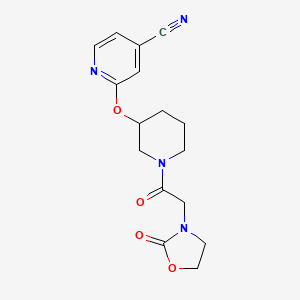 molecular formula C16H18N4O4 B2626874 2-((1-(2-(2-氧代恶唑烷-3-基)乙酰)哌啶-3-基)氧基)异烟腈 CAS No. 2034580-43-1