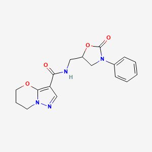 molecular formula C17H18N4O4 B2626930 N-((2-oxo-3-苯基恶唑烷-5-基)甲基)-6,7-二氢-5H-吡唑并[5,1-b][1,3]噁嗪-3-甲酰胺 CAS No. 1428358-53-5