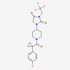 molecular formula C20H21F4N3O3 B2627006 1-{1-[1-(4-Fluorophenyl)cyclopropanecarbonyl]piperidin-4-yl}-3-(2,2,2-trifluoroethyl)imidazolidine-2,4-dione CAS No. 2097918-38-0
