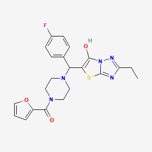 molecular formula C22H22FN5O3S B2627105 (4-((2-Ethyl-6-hydroxythiazolo[3,2-b][1,2,4]triazol-5-yl)(4-fluorophenyl)methyl)piperazin-1-yl)(furan-2-yl)methanone CAS No. 887220-23-7
