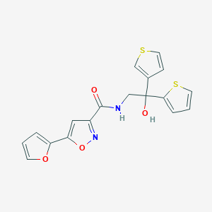molecular formula C18H14N2O4S2 B2627153 5-(furan-2-yl)-N-(2-hydroxy-2-(thiophen-2-yl)-2-(thiophen-3-yl)ethyl)isoxazole-3-carboxamide CAS No. 2034400-27-4