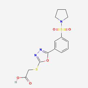 molecular formula C14H15N3O5S2 B2627163 2-{5-[3-(Pyrrolidinylsulfonyl)phenyl]-1,3,4-oxadiazol-2-ylthio}acetic acid CAS No. 940999-58-6