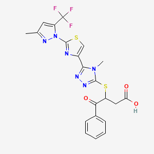 molecular formula C21H17F3N6O3S2 B2627168 3-[(4-methyl-5-{2-[3-methyl-5-(trifluoromethyl)-1H-pyrazol-1-yl]-1,3-thiazol-4-yl}-4H-1,2,4-triazol-3-yl)sulfanyl]-4-oxo-4-phenylbutanoic acid CAS No. 956357-63-4