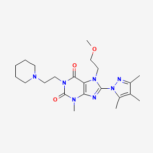 molecular formula C22H33N7O3 B2627306 7-(2-甲氧基乙基)-3-甲基-1-(2-(哌啶-1-基)乙基)-8-(3,4,5-三甲基-1H-吡唑-1-基)-1H-嘌呤-2,6(3H,7H)-二酮 CAS No. 1014010-64-0