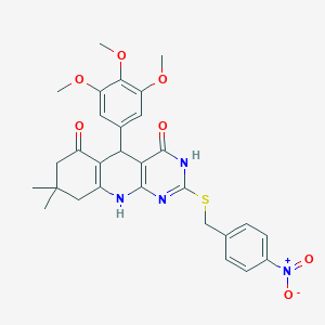 molecular formula C29H30N4O7S B2627453 8,8-dimethyl-2-((4-nitrobenzyl)thio)-5-(3,4,5-trimethoxyphenyl)-7,8,9,10-tetrahydropyrimido[4,5-b]quinoline-4,6(3H,5H)-dione CAS No. 537044-88-5