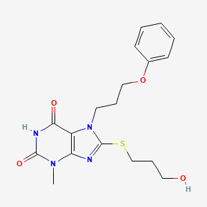 molecular formula C18H22N4O4S B2627538 8-((3-hydroxypropyl)thio)-3-methyl-7-(3-phenoxypropyl)-1H-purine-2,6(3H,7H)-dione CAS No. 1105245-54-2