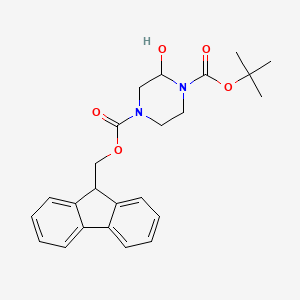 molecular formula C24H28N2O5 B2627599 4-((9H-芴-9-基)甲基) 1-叔丁基 2-羟基哌嗪-1,4-二羧酸酯 CAS No. 1228675-21-5