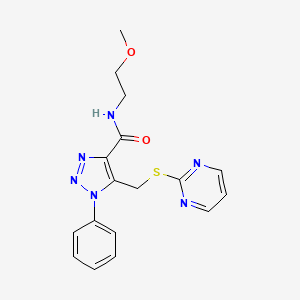 molecular formula C17H18N6O2S B2627630 N-(2-methoxyethyl)-1-phenyl-5-((pyrimidin-2-ylthio)methyl)-1H-1,2,3-triazole-4-carboxamide CAS No. 1105242-01-0