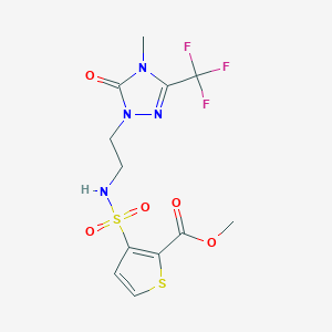 molecular formula C12H13F3N4O5S2 B2627721 3-(N-(2-(4-甲基-5-氧代-3-(三氟甲基)-4,5-二氢-1H-1,2,4-三唑-1-基)乙基)磺酰胺基)噻吩-2-羧酸甲酯 CAS No. 1421525-73-6