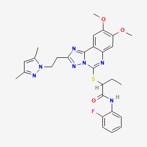 molecular formula C28H30FN7O3S B2627752 2-((2-(2-(3,5-二甲基-1H-吡唑-1-基)乙基)-8,9-二甲氧基-[1,2,4]三唑并[1,5-c]喹唑啉-5-基)硫代)-N-(2-氟苯基)丁酰胺 CAS No. 1020048-29-6