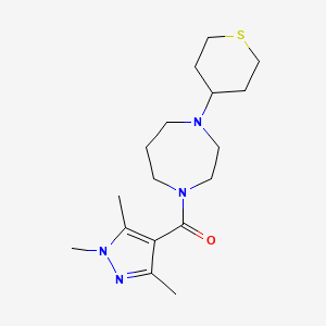 molecular formula C17H28N4OS B2627862 (4-(tetrahydro-2H-thiopyran-4-yl)-1,4-diazepan-1-yl)(1,3,5-trimethyl-1H-pyrazol-4-yl)methanone CAS No. 2034557-71-4