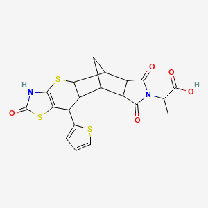 molecular formula C20H18N2O5S3 B2628013 2-((4aR,5R,5aR,8aR,9S)-2,6,8-trioxo-10-(thiophen-2-yl)-2,3,4a,5,5a,6,8a,9,9a,10-decahydro-5,9-methanothiazolo[5',4':5,6]thiopyrano[2,3-f]isoindol-7(8H)-yl)propanoic acid CAS No. 1025013-52-8