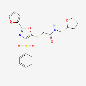 molecular formula C21H22N2O6S2 B2628020 2-((2-(furan-2-yl)-4-tosyloxazol-5-yl)thio)-N-((tetrahydrofuran-2-yl)methyl)acetamide CAS No. 686737-63-3