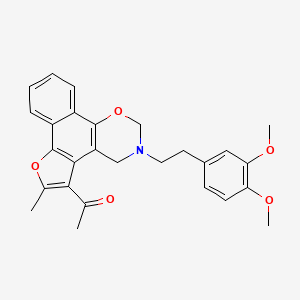 molecular formula C27H27NO5 B2628040 1-(3-(3,4-dimethoxyphenethyl)-6-methyl-3,4-dihydro-2H-furo[3',2':3,4]naphtho[2,1-e][1,3]oxazin-5-yl)ethanone CAS No. 438486-92-1