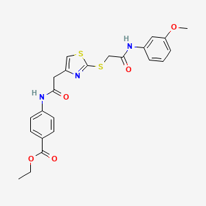 molecular formula C23H23N3O5S2 B2628079 Ethyl 4-(2-(2-((2-((3-methoxyphenyl)amino)-2-oxoethyl)thio)thiazol-4-yl)acetamido)benzoate CAS No. 942000-20-6