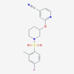 molecular formula C18H18FN3O3S B2628142 2-((1-((4-氟-2-甲基苯基)磺酰基)哌啶-3-基)氧基)异烟腈 CAS No. 2034525-41-0