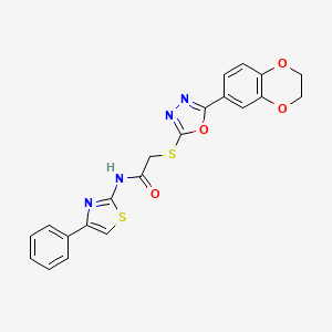molecular formula C21H16N4O4S2 B2628220 2-((5-(2,3-dihydrobenzo[b][1,4]dioxin-6-yl)-1,3,4-oxadiazol-2-yl)thio)-N-(4-phenylthiazol-2-yl)acetamide CAS No. 851129-93-6