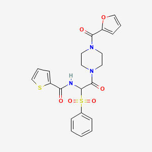 molecular formula C22H21N3O6S2 B2628278 N-[1-(苯磺酰基)-2-[4-(呋喃-2-羰基)哌嗪-1-基]-2-氧代乙基]噻吩-2-甲酰胺 CAS No. 1042974-35-5