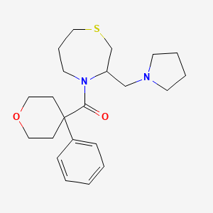 molecular formula C22H32N2O2S B2628311 (4-phenyltetrahydro-2H-pyran-4-yl)(3-(pyrrolidin-1-ylmethyl)-1,4-thiazepan-4-yl)methanone CAS No. 1421491-83-9