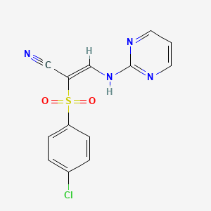 molecular formula C13H9ClN4O2S B2628315 2-((4-Chlorophenyl)sulfonyl)-3-(pyrimidin-2-ylamino)prop-2-enenitrile CAS No. 882283-26-3
