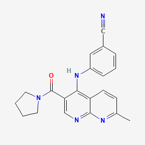 molecular formula C21H19N5O B2628322 3-((7-Methyl-3-(pyrrolidine-1-carbonyl)-1,8-naphthyridin-4-yl)amino)benzonitrile CAS No. 1251702-68-7