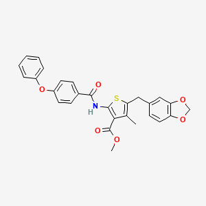 molecular formula C28H23NO6S B2628382 Methyl 5-(benzo[d][1,3]dioxol-5-ylmethyl)-4-methyl-2-(4-phenoxybenzamido)thiophene-3-carboxylate CAS No. 476366-50-4