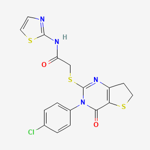 molecular formula C17H13ClN4O2S3 B2628420 2-[[3-(4-chlorophenyl)-4-oxo-6,7-dihydrothieno[3,2-d]pyrimidin-2-yl]sulfanyl]-N-(1,3-thiazol-2-yl)acetamide CAS No. 687563-92-4