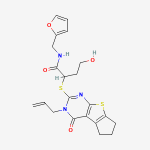 N-[(furan-2-yl)methyl]-4-hydroxy-2-{[12-oxo-11-(prop-2-en-1-yl)-7-thia-9,11-diazatricyclo[6.4.0.0^{2,6}]dodeca-1(8),2(6),9-trien-10-yl]sulfanyl}butanamide