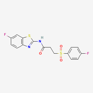 molecular formula C16H12F2N2O3S2 B2628431 N-(6-氟苯并[d]噻唑-2-基)-3-((4-氟苯基)磺酰基)丙酰胺 CAS No. 895471-34-8