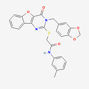 molecular formula C27H21N3O5S B2628467 2-{[3-(1,3-benzodioxol-5-ylmethyl)-4-oxo-3,4-dihydro[1]benzofuro[3,2-d]pyrimidin-2-yl]sulfanyl}-N-(3-methylphenyl)acetamide CAS No. 900002-25-7
