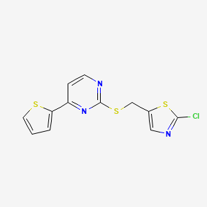 molecular formula C12H8ClN3S3 B2628515 2-{[(2-Chloro-1,3-thiazol-5-yl)methyl]sulfanyl}-4-(2-thienyl)pyrimidine CAS No. 685107-87-3