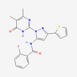 molecular formula C20H16FN5O2S B2628532 N-(1-(4,5-dimethyl-6-oxo-1,6-dihydropyrimidin-2-yl)-3-(thiophen-2-yl)-1H-pyrazol-5-yl)-2-fluorobenzamide CAS No. 1173071-81-2