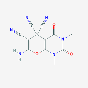 molecular formula C12H8N6O3 B2628575 7-氨基-1,3-二甲基-2,4-二氧代-1,2,3,4-四氢-5H-吡喃并[2,3-d]嘧啶-5,5,6-三腈 CAS No. 41278-83-5