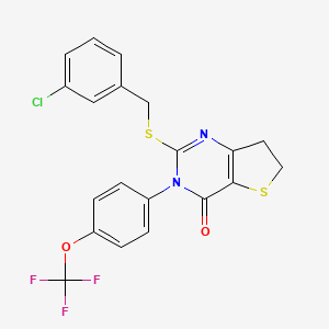 molecular formula C20H14ClF3N2O2S2 B2628740 2-((3-chlorobenzyl)thio)-3-(4-(trifluoromethoxy)phenyl)-6,7-dihydrothieno[3,2-d]pyrimidin-4(3H)-one CAS No. 877654-68-7